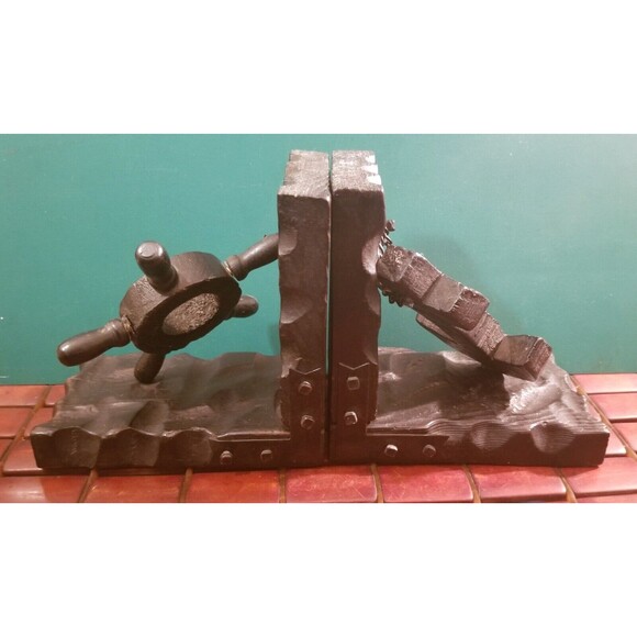 Vintage Ship's Wheel & Anchor Bookends Mid Century Nautical Pirate Decor - Picture 3 of 5